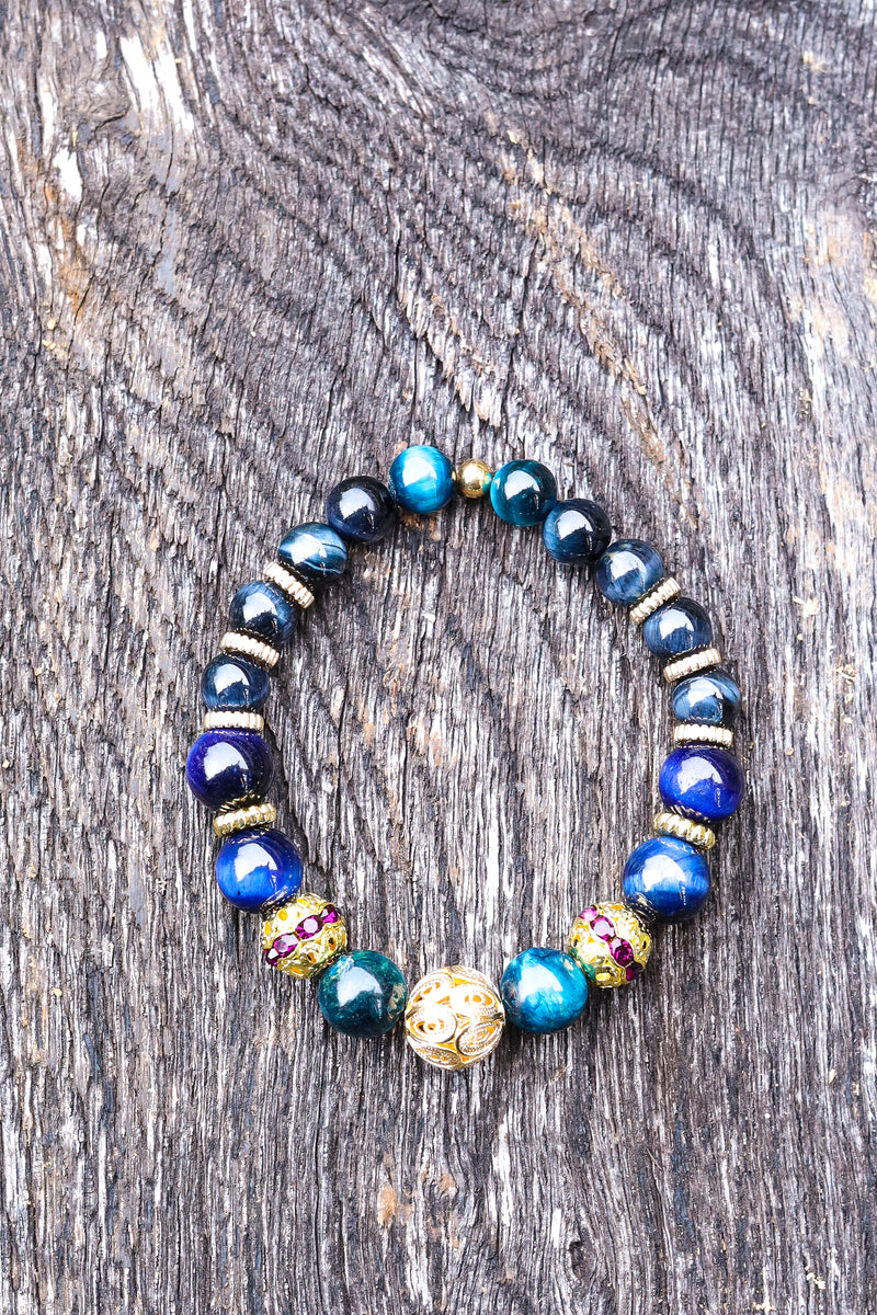 Golden Eye of the Tiger - Blue Tiger Eye Wrist Mala