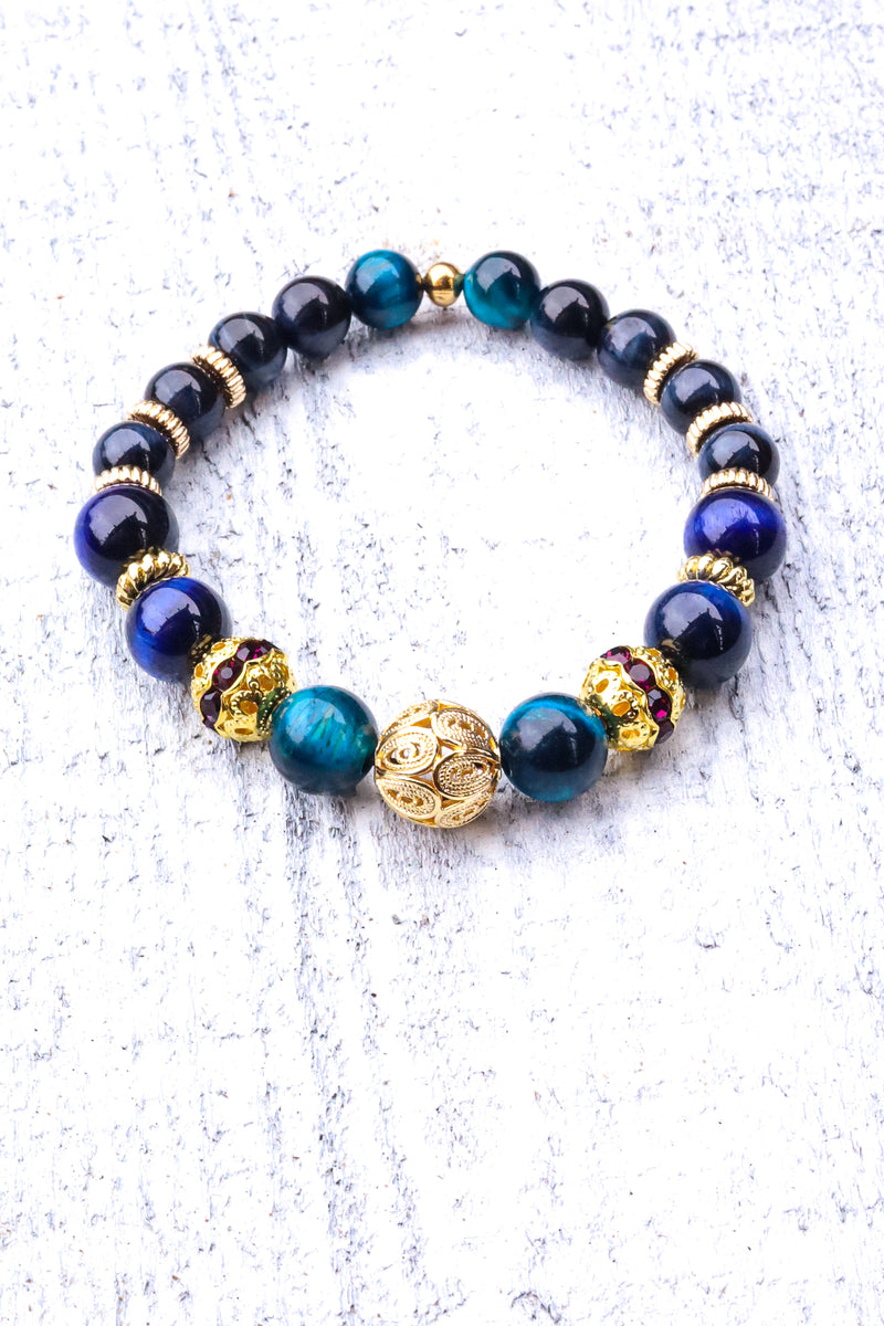 Golden Eye of the Tiger - Blue Tiger Eye Wrist Mala